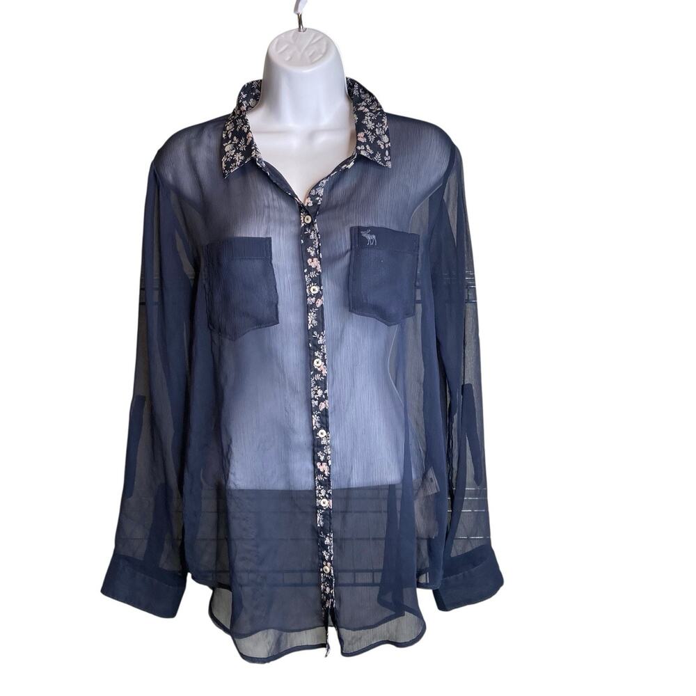 Abercrombie & Fitch‎ Y2K Women's Blue Sheer Floral Trim Button Up Blouse Size M
